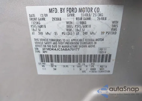 2010 Ford Edge Sel из США, поврежденный, VIN 2FMDK4JC3ABA70177